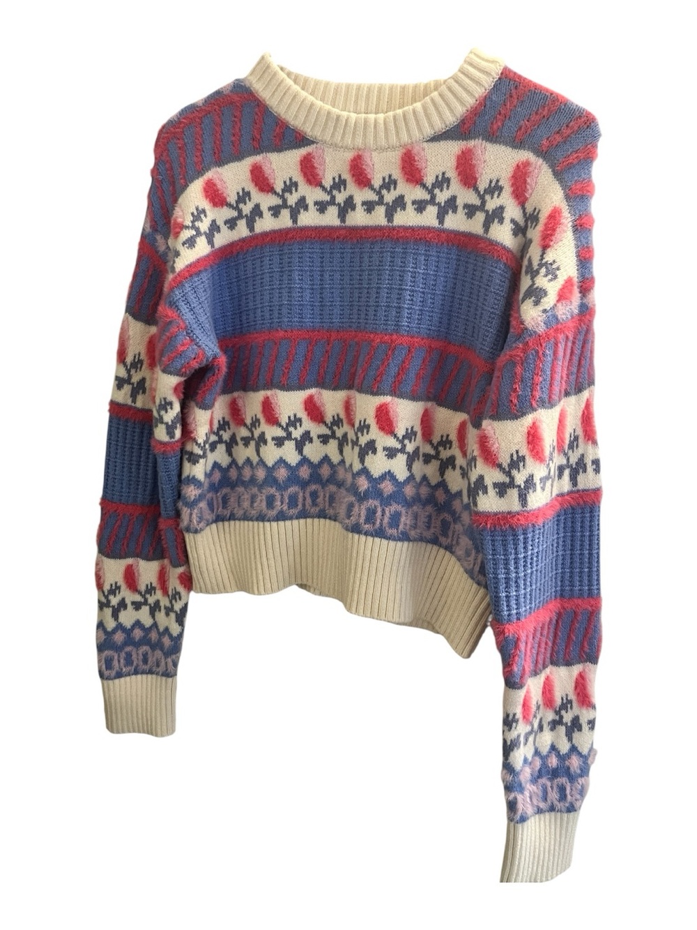 wild fable Cream, Blue & Pink Patterned Crewneck Sweater